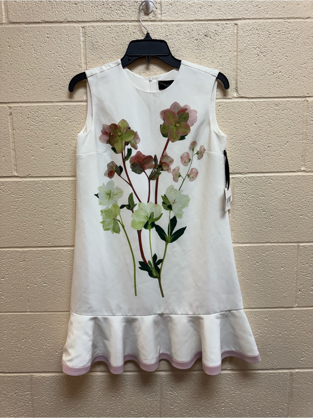 White Floral Sleeveless Shift Dress with Ruffle Hem US XL